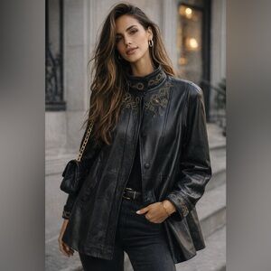 Vintage Ronnie De Vinci for Monet Leather Swing Coat Embroidered Funnel Neck M/L